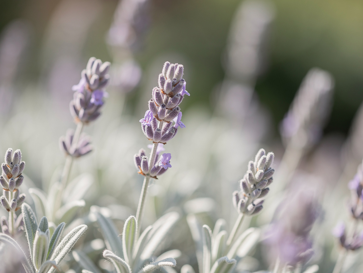 close-up detail of fuzzy lavender stems and silver-green leaves in bright sun, s