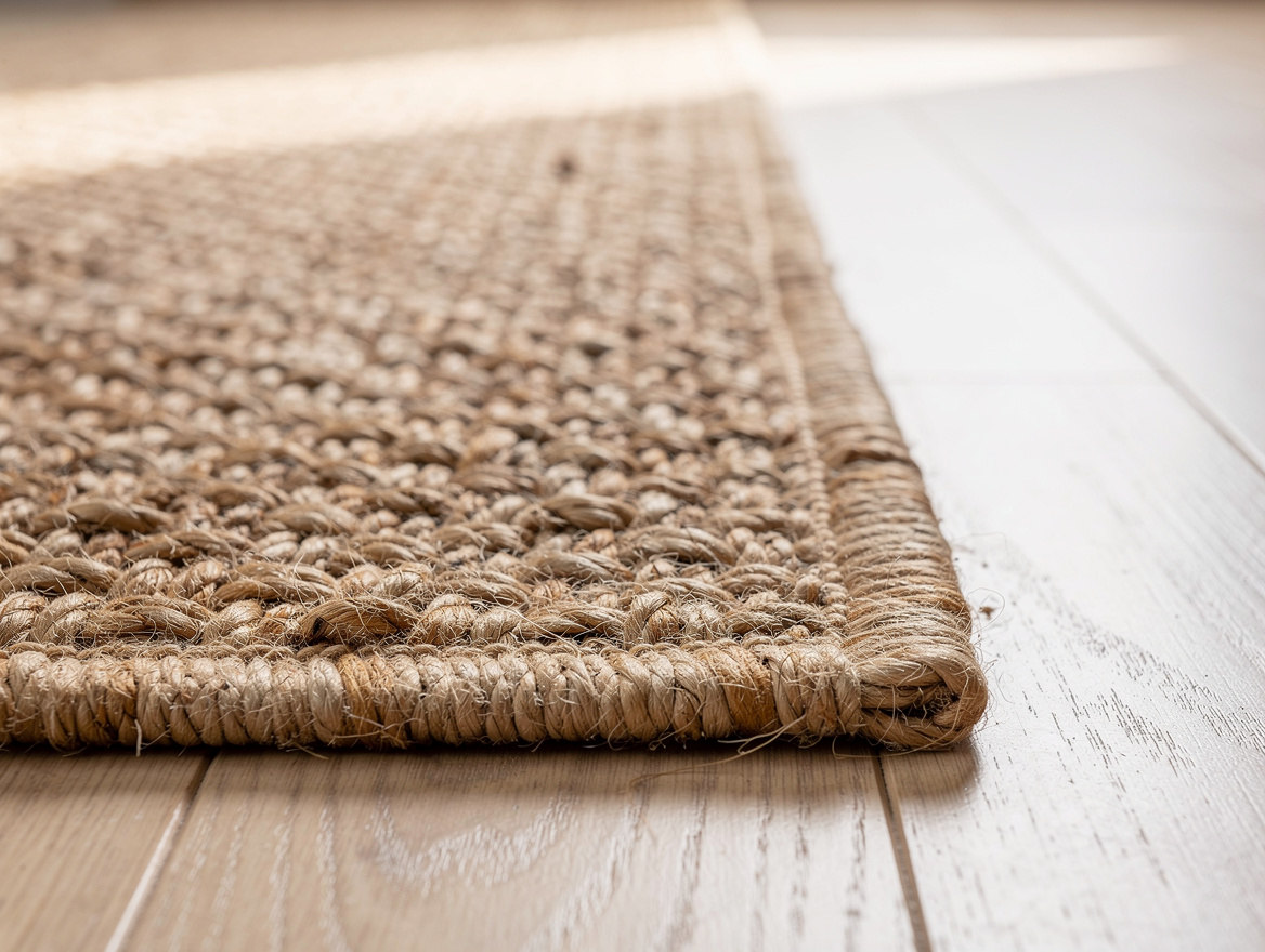 Close-up detail of flatwoven natural fiber rug edge on light hardwood floor with