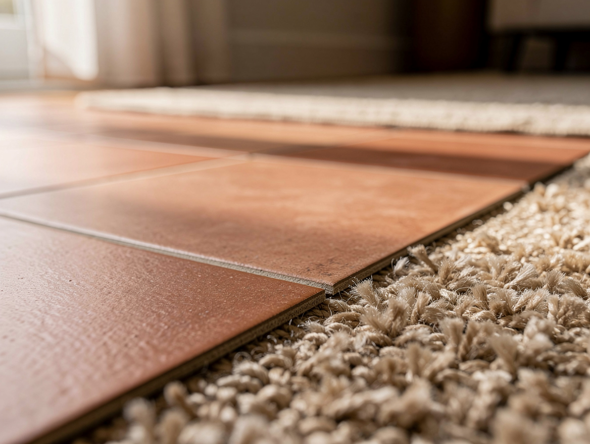 close-up detail of matte terracotta peel-and-stick vinyl tiles meeting beige car