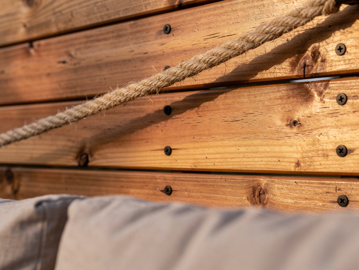 Close-up realistic editorial photo of sanded pallet wood cladding with warm ceda
