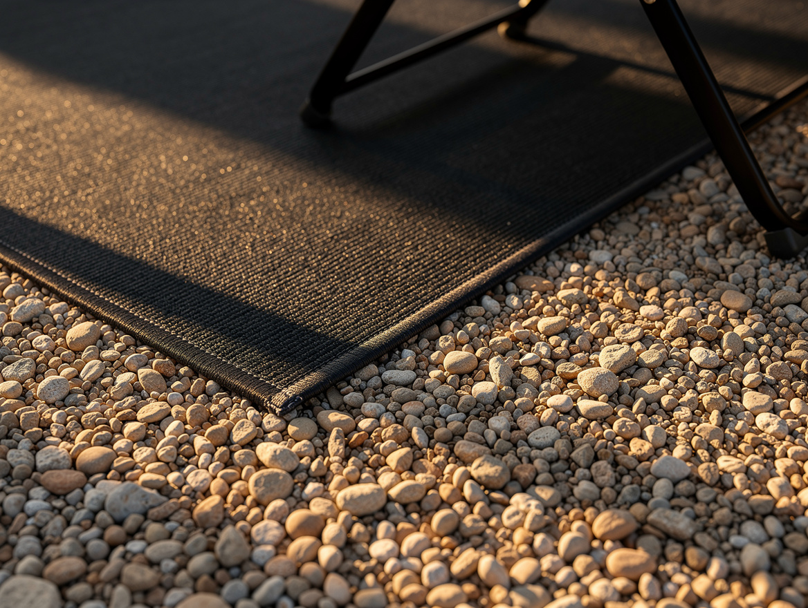 Close detail photo of a charcoal outdoor rug corner with pea gravel border, fold