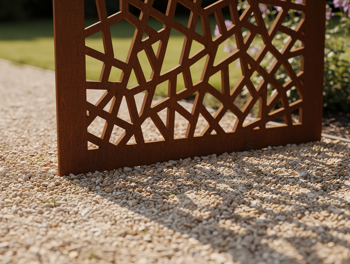 Close-up detail of laser-cut Corten steel garden screen with geometric shadow pa