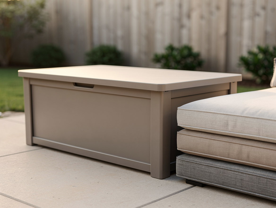close-up realistic photo of a weather-resistant resin deck box with flat lid bes