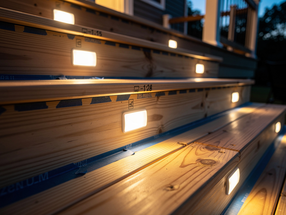 Close detail photo of warm white deck step lighting on wood stair treads with pa