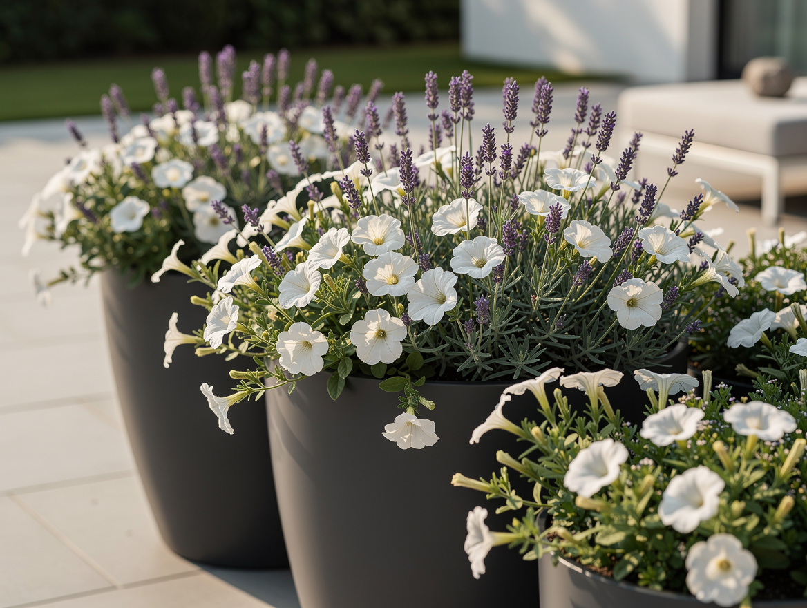 Close-up realistic editorial photo of charcoal outdoor planters with lavender an