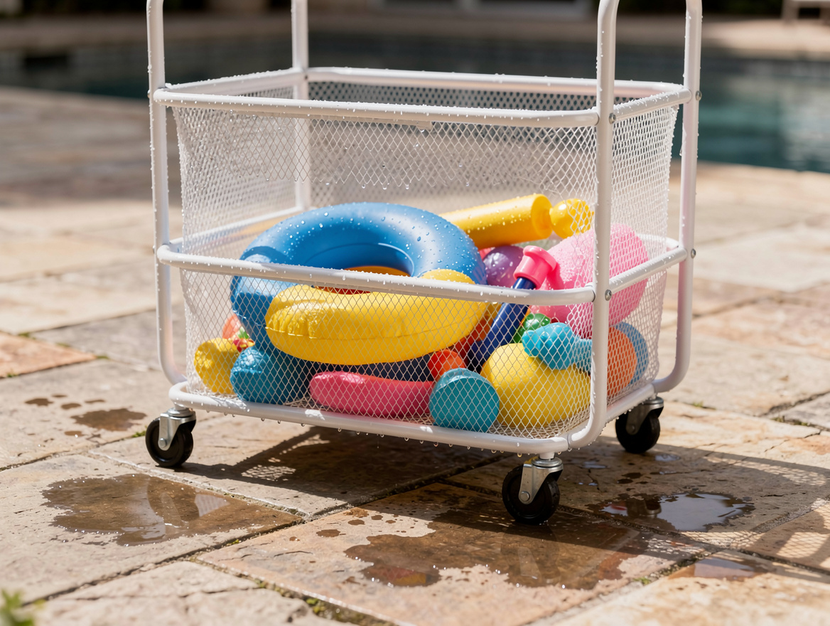 Realistic close-up editorial photo of wet pool toys drying inside a white mesh r