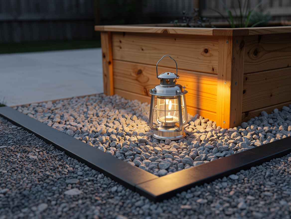 Close-up editorial photo of a small backyard corner with pea gravel, steel edgin