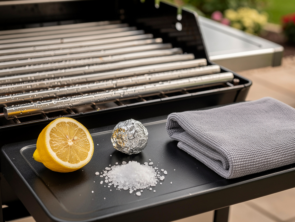 Close-up editorial photo of a hand-cleaned grill grate and flavor bars with lemo
