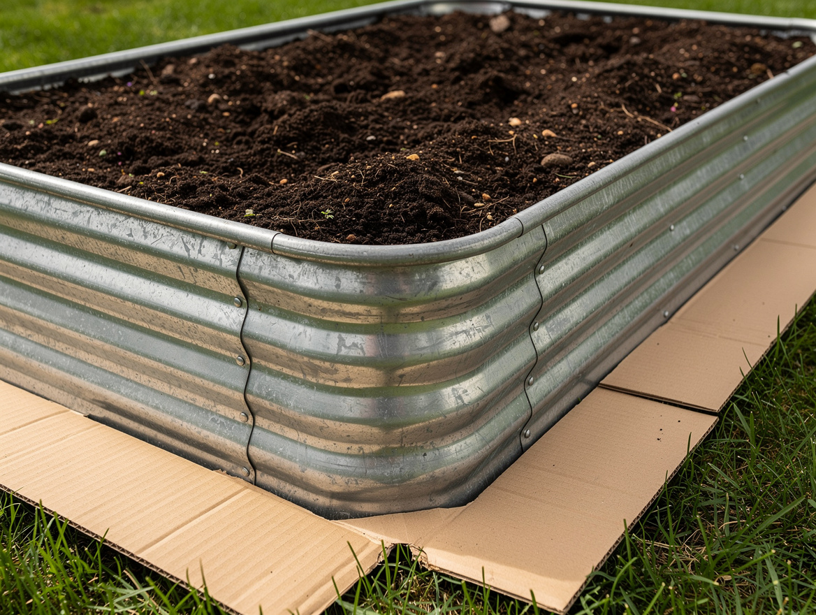 Close-up editorial photo of a galvanized steel raised bed sitting on grass with
