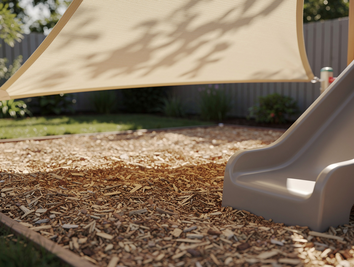 Close-up editorial photo of a shaded kids play zone with a triangular shade sail