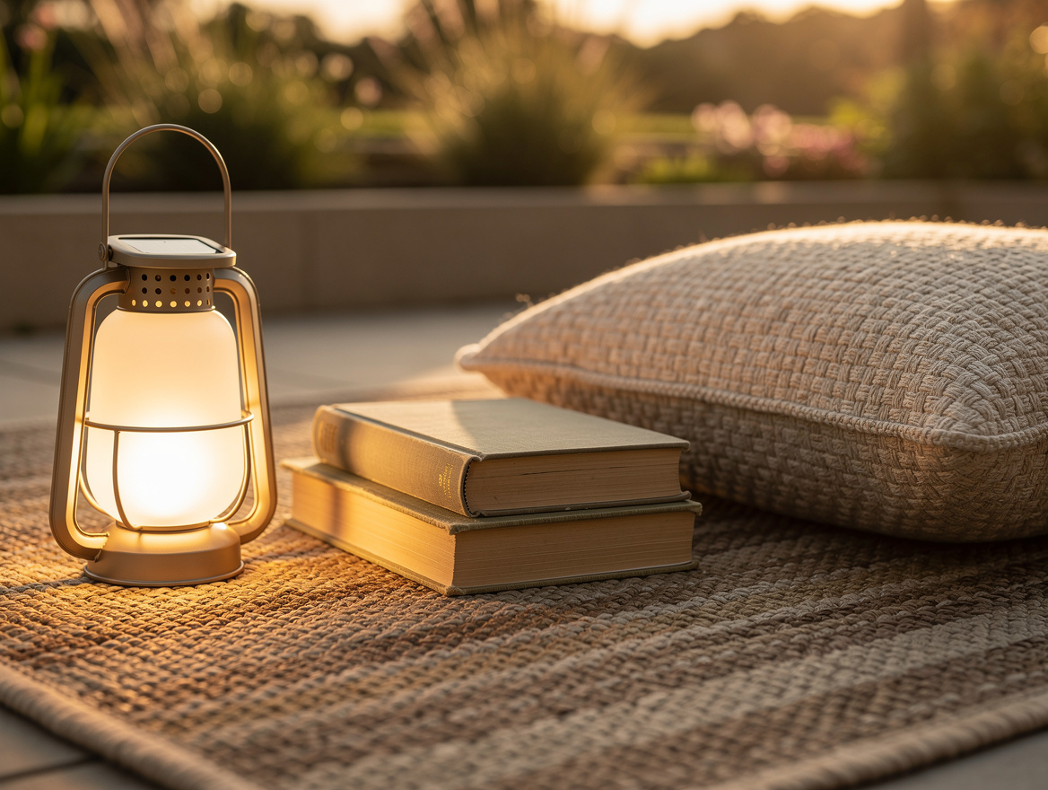 Close-up editorial detail of an outdoor reading nook with a warm solar lantern,