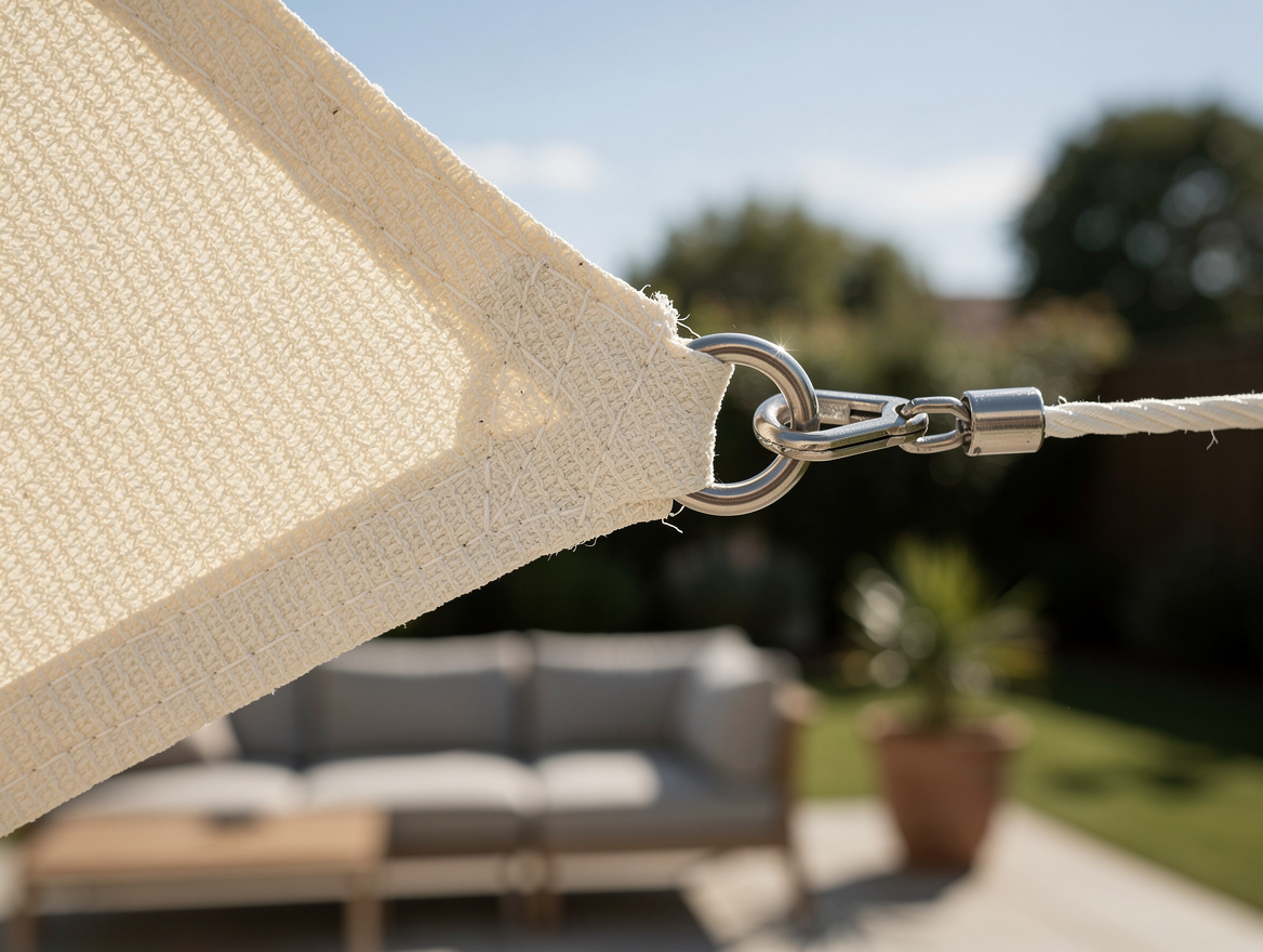 Close-up editorial detail of a pale HDPE shade sail corner with stainless hardwa