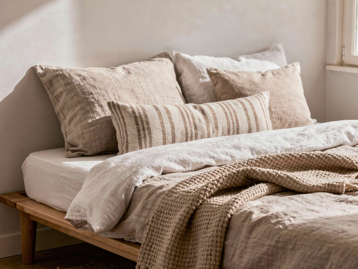 Close-up editorial photo of layered neutral bedding on a low daybed, linen-look