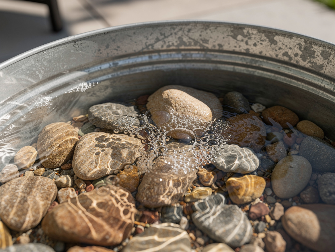 Close-up editorial photo of clear water bubbling through small landscape rocks i