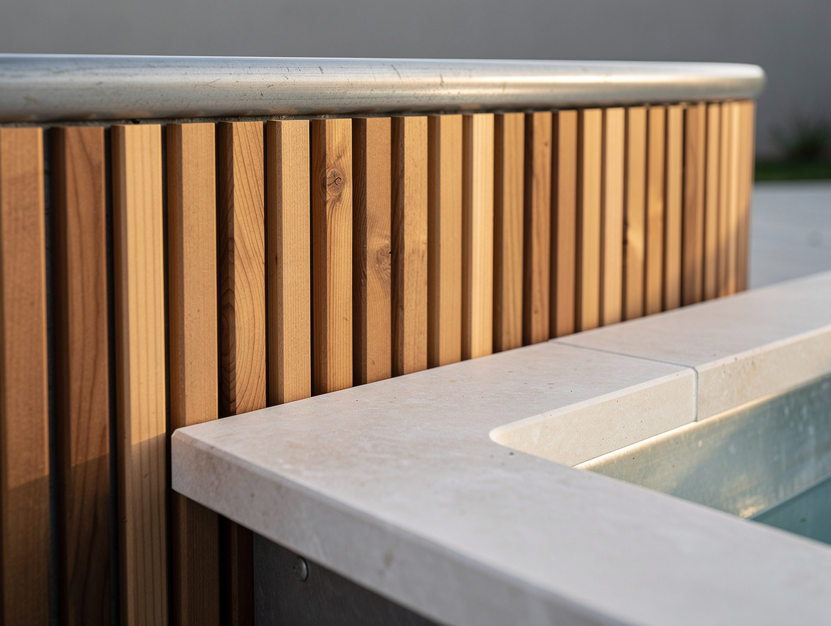 Close detail photo of cedar slat cladding wrapped around a galvanized stock tank