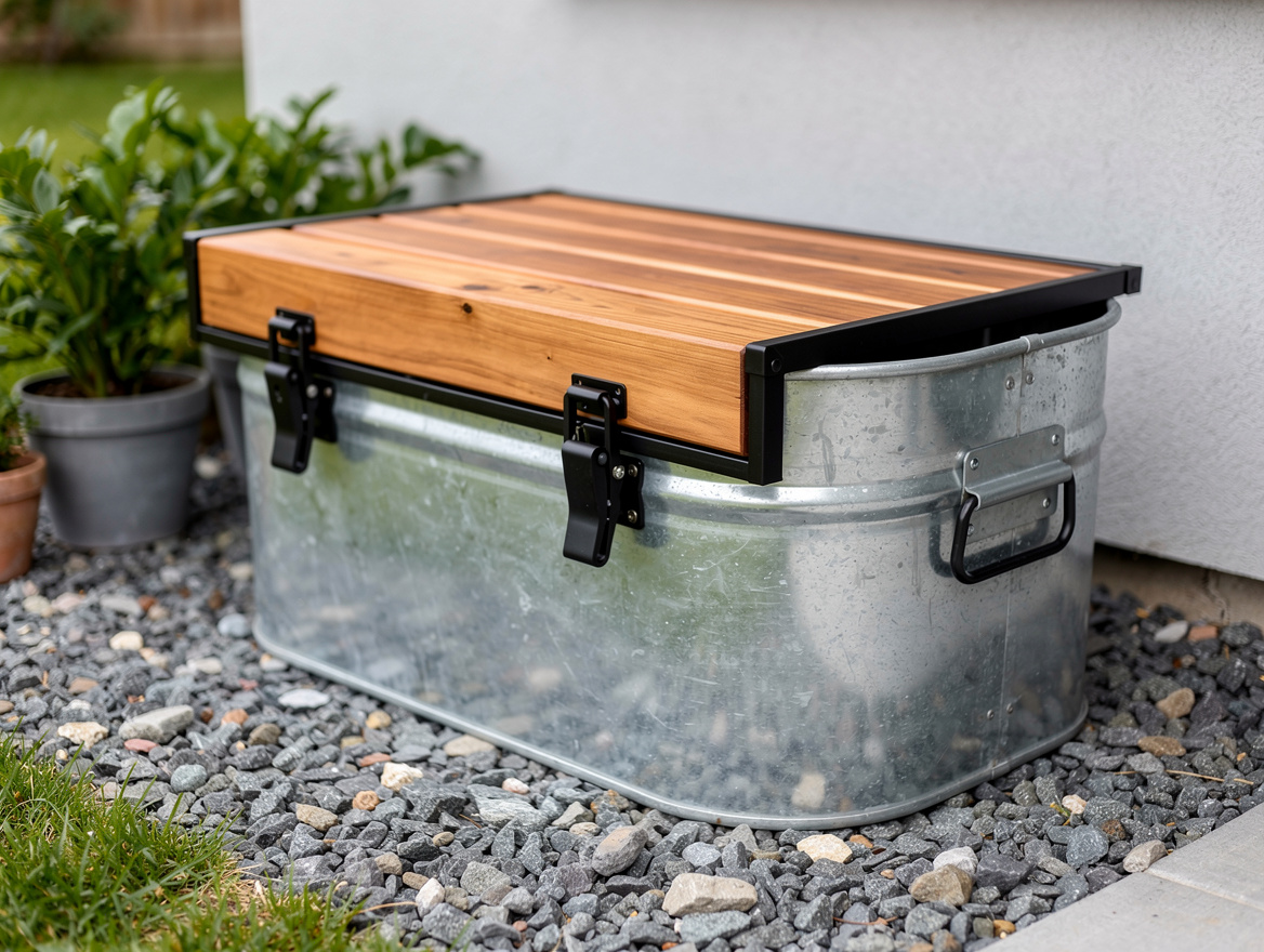 Close-up detail photo of a galvanized stock tank trash bin enclosure with cedar