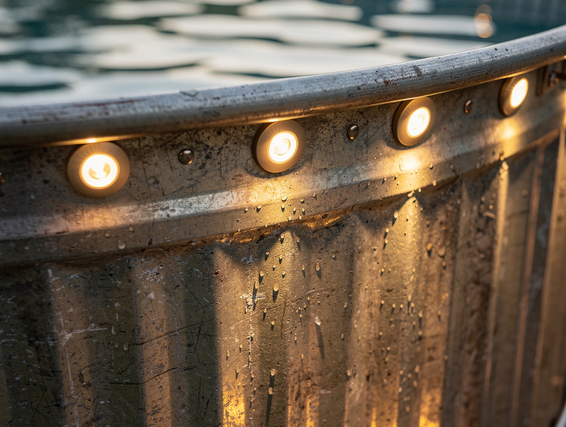 Close-up editorial detail of warm IP68 mini pool lights tucked under the rim of
