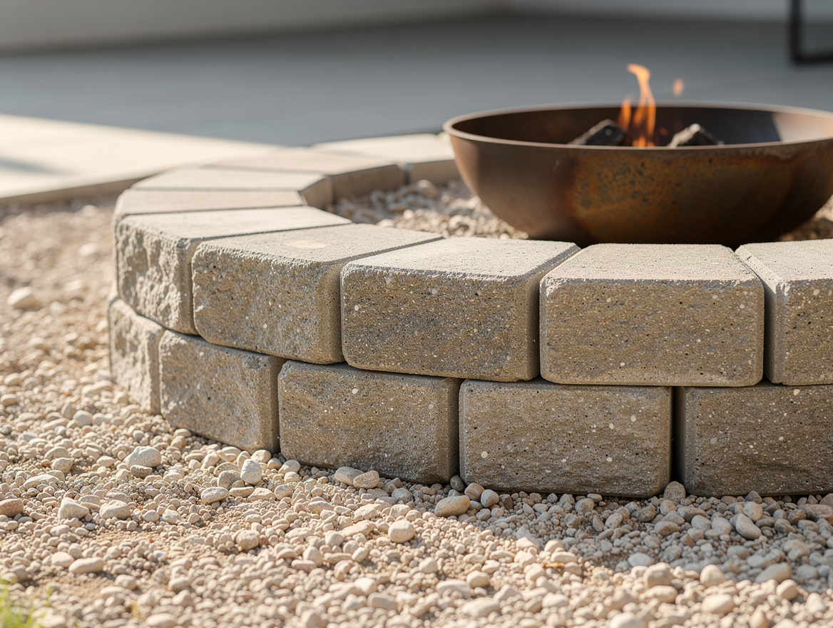 Close-up editorial photo of stacked retaining wall blocks around a simple steel