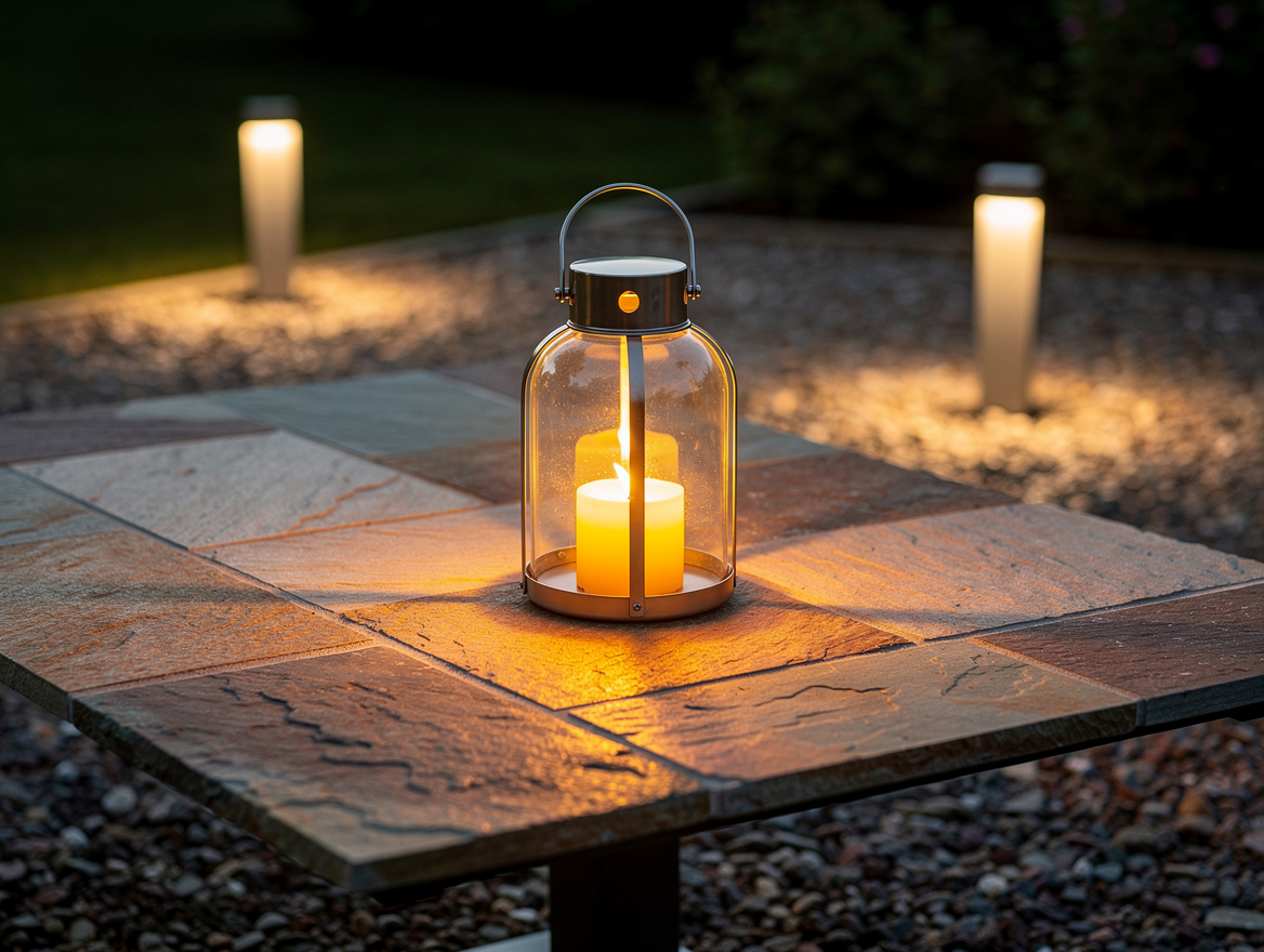Close-up editorial photo of layered backyard lighting on a patio table, outdoor