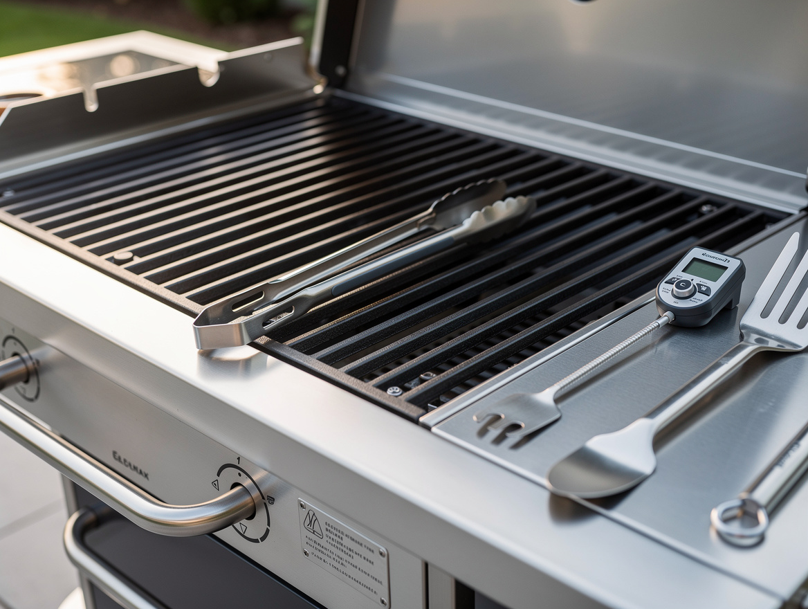 Close-up editorial detail of clean grill grates, instant-read thermometer, metal