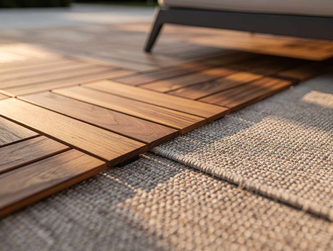 close-up detail of interlocking acacia deck tiles meeting a textured outdoor rug
