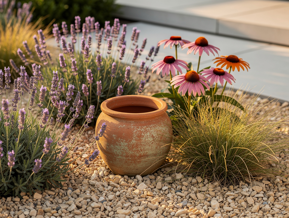 Close-up editorial garden photo of drought-tolerant planting, lavender, coneflow