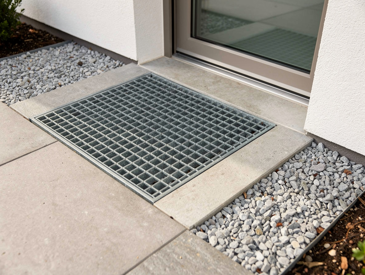 Close-up editorial photo of a front entry with a galvanized steel grate replacin