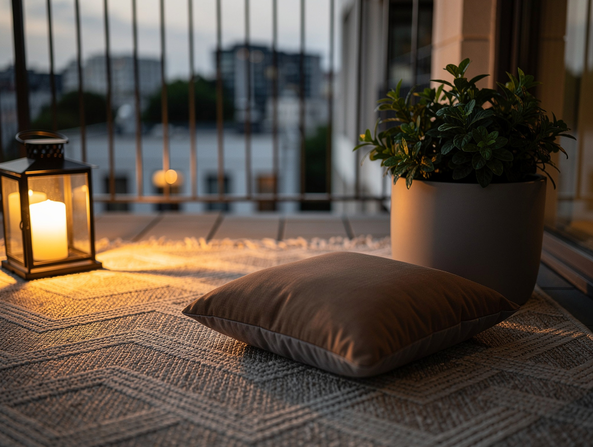 Close-up editorial photo of a small apartment balcony corner with outdoor rug te