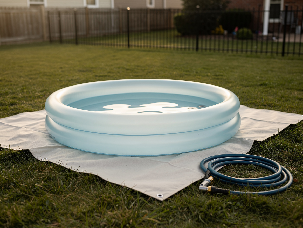 Close-up editorial photo of an inflatable ring pool on a clean ground cloth over