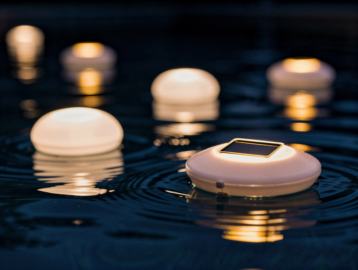 Close-up editorial photo of solar floating pool lights on dark blue water, warm