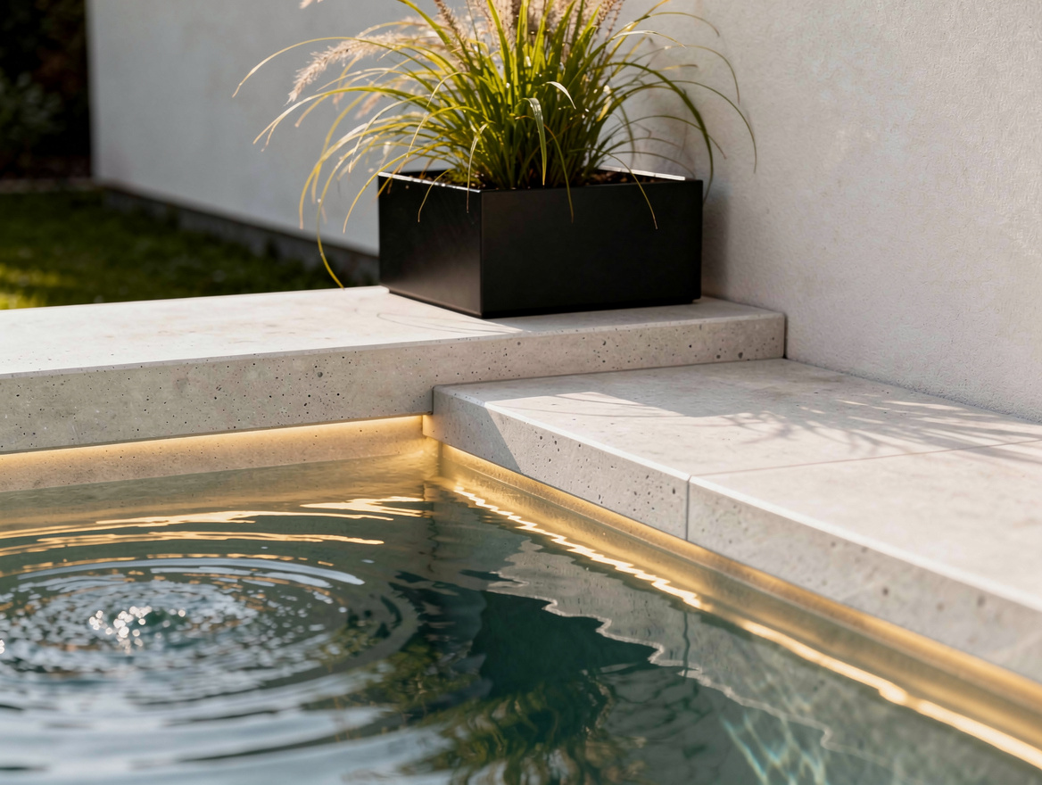 Close detail photo of a compact plunge pool corner with built-in bench seating,