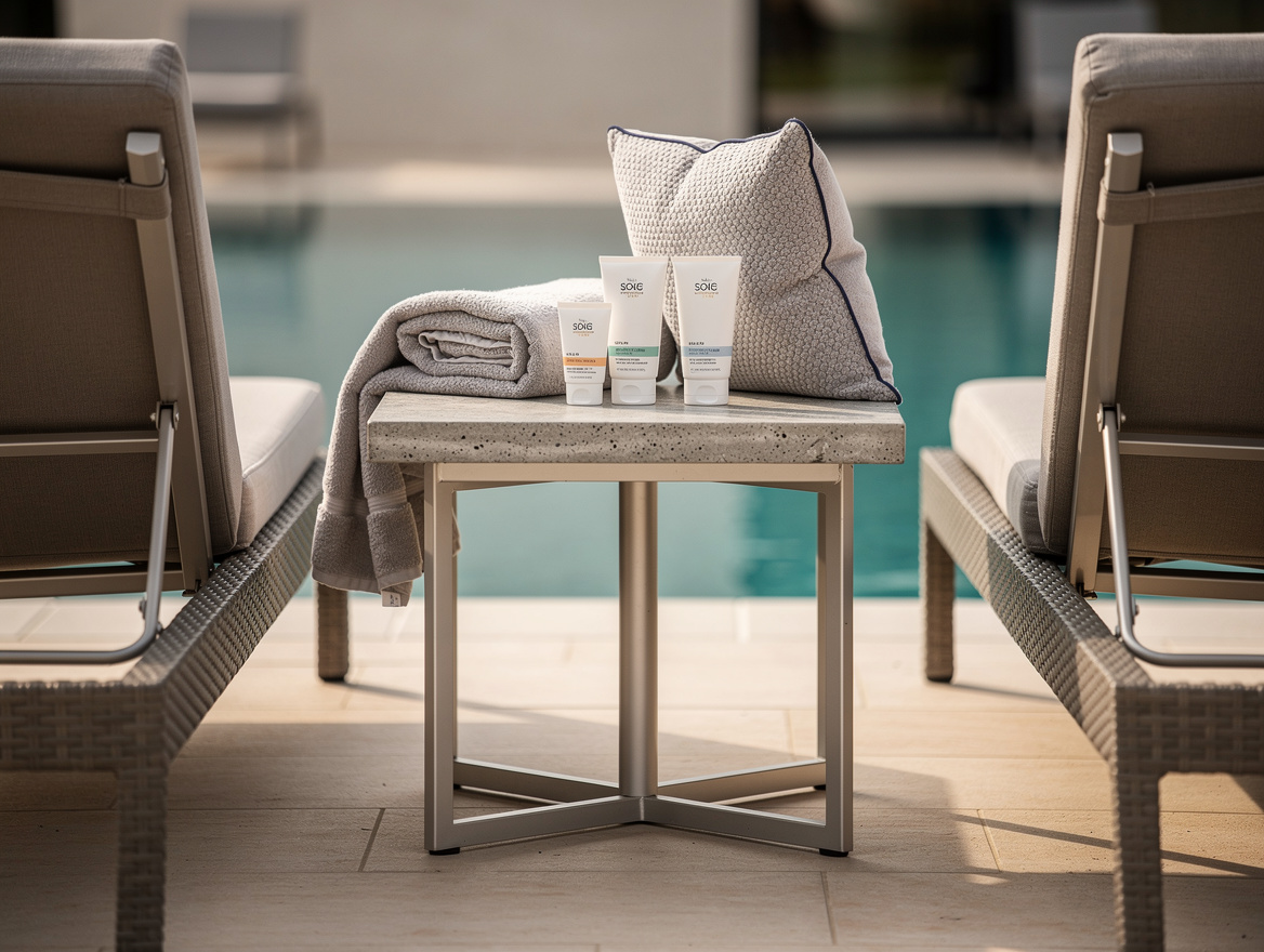 Close-up editorial photo of an outdoor side table between two pool loungers, sun