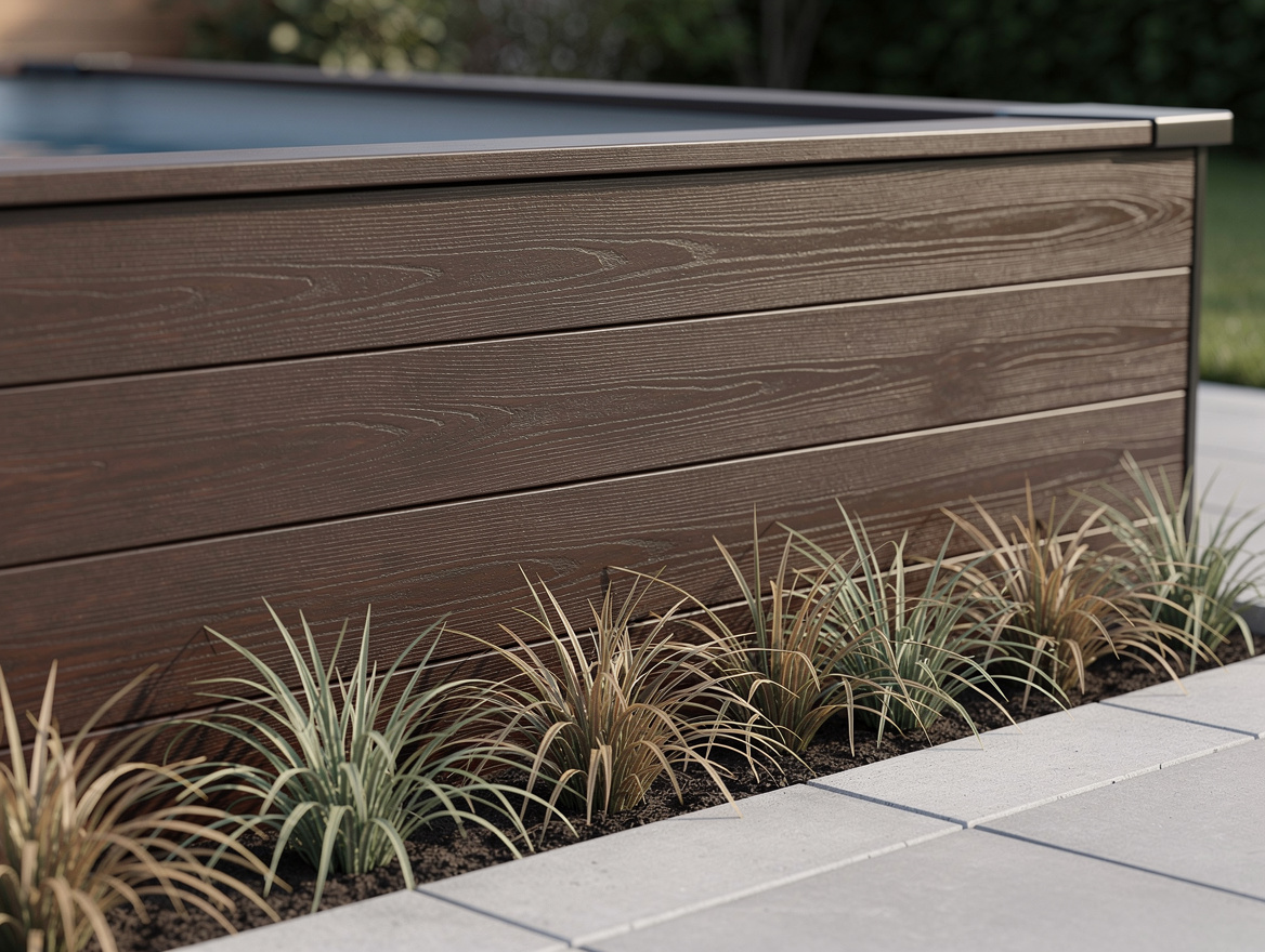 Close-up detail photo of dark horizontal wood cladding around an above-ground po