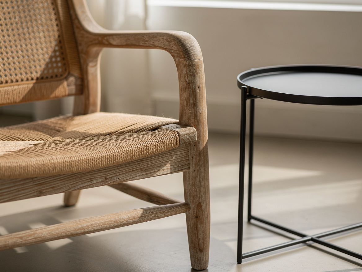 Close-up detail of weathered teak armchair with woven rope seat next to matte bl