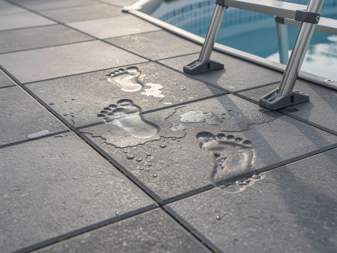 Close-up editorial photo of wet footprints on gray click-lock patio tiles beside