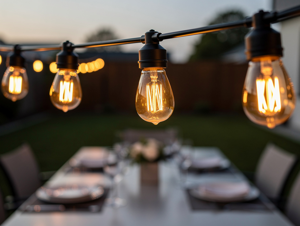 Close-up detail of warm solar string lights on a black cable above an outdoor di