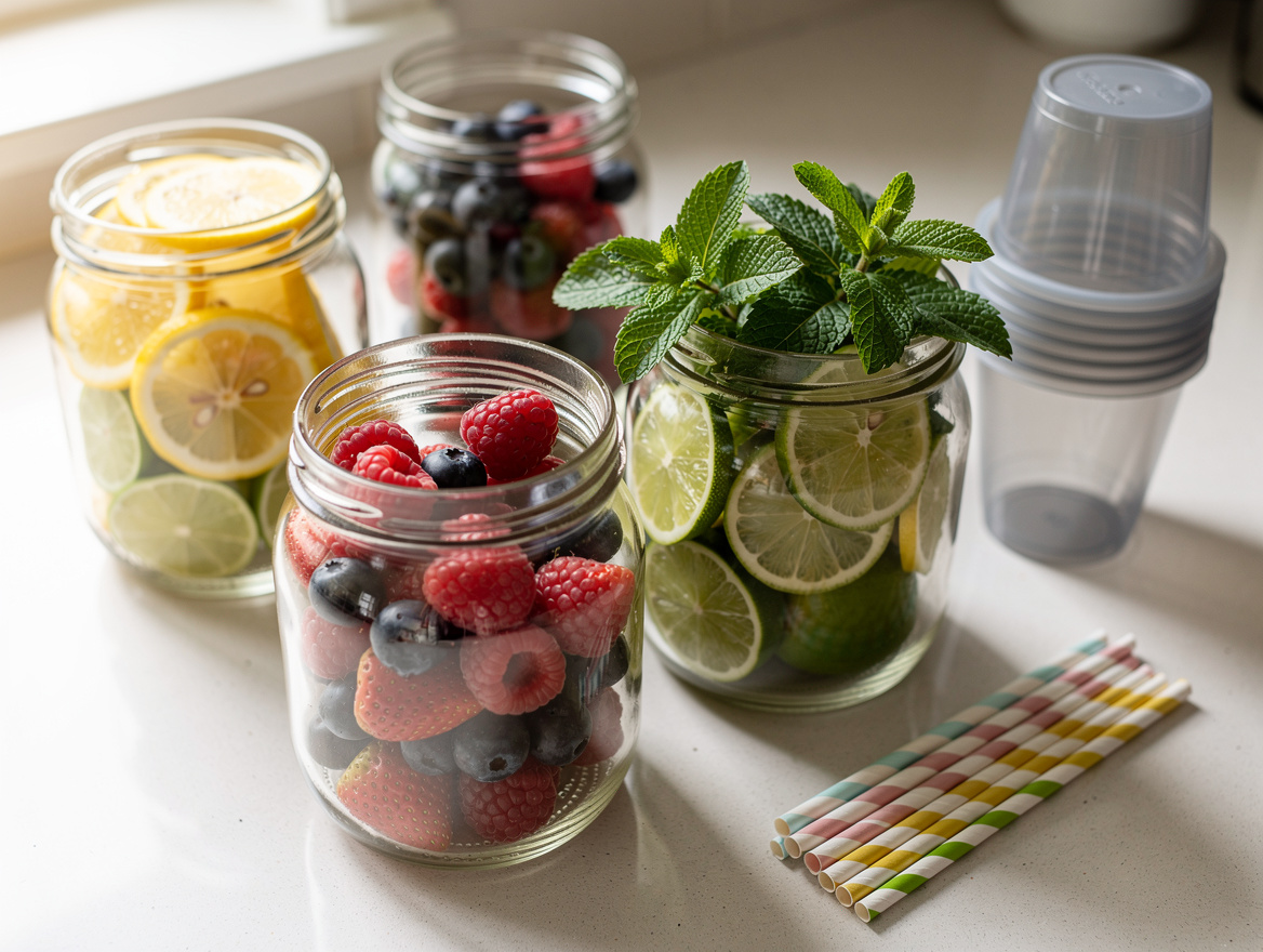 Close-up editorial photo of sliced lemons, limes, berries, and mint in clear gla