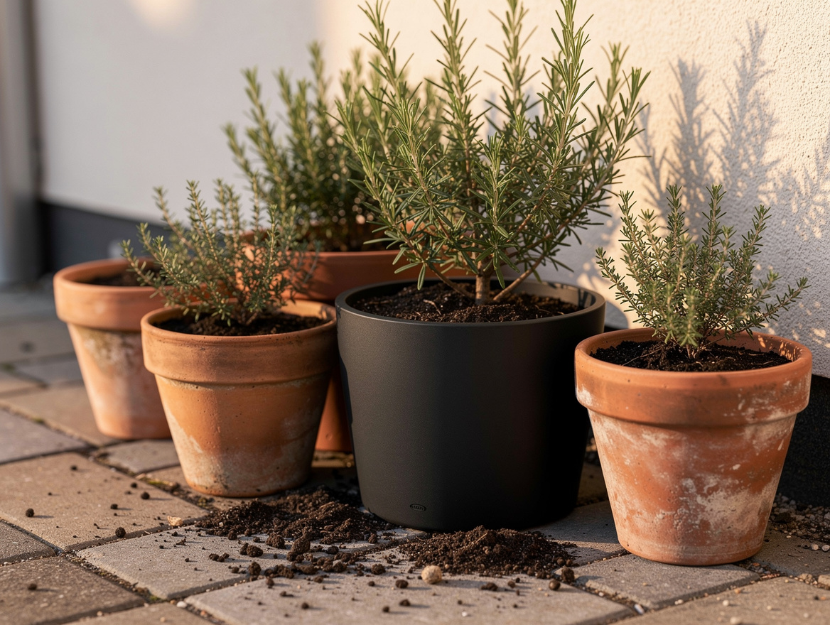 Close-up editorial photo of terracotta herb pots and a matte black resin planter