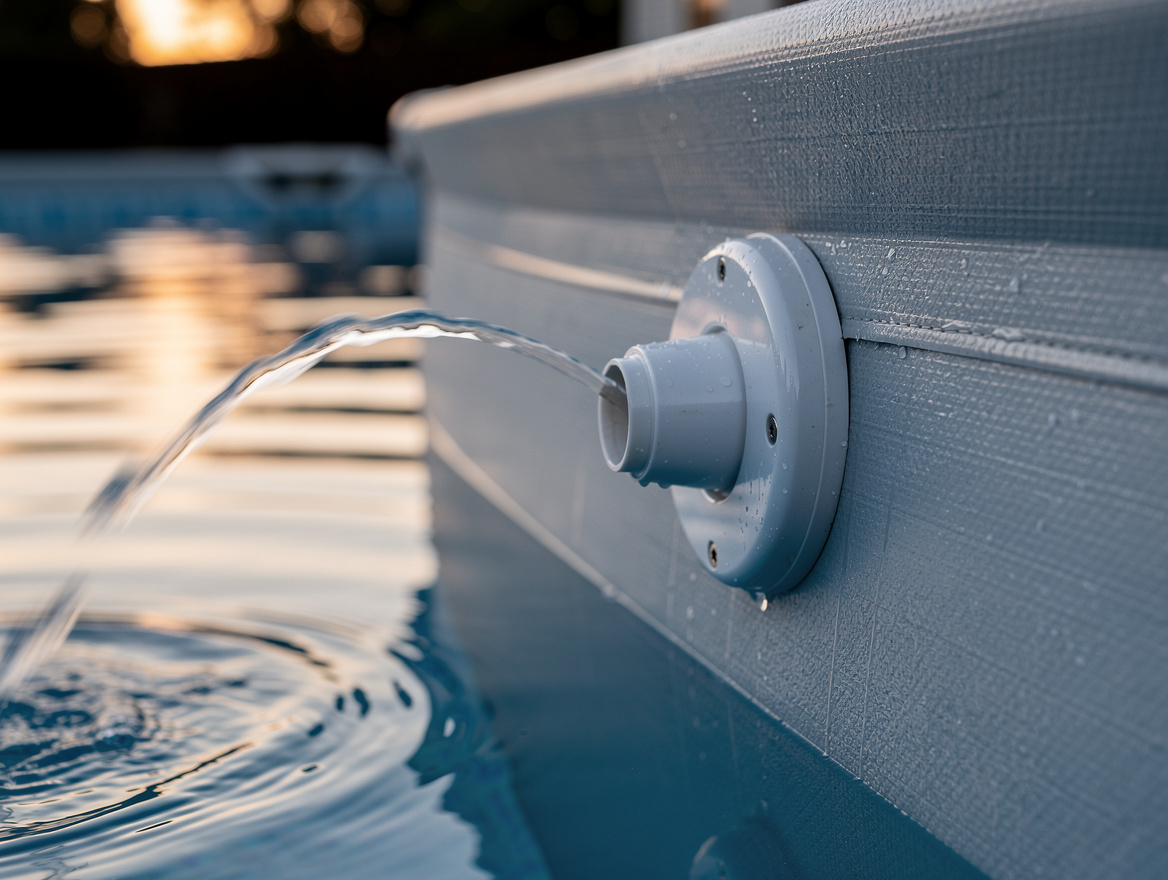 Close-up editorial photo of an above-ground pool return jet with a small fountai
