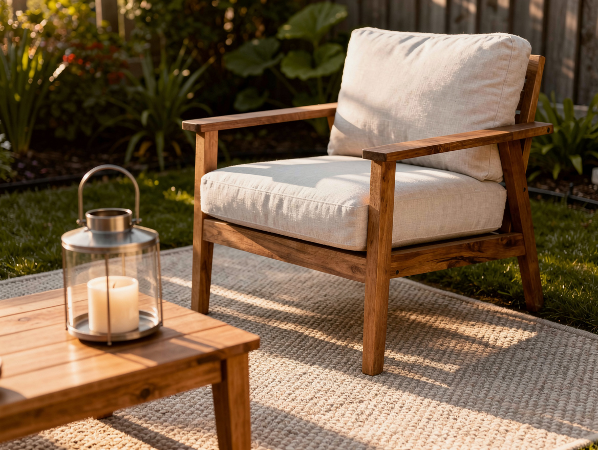 Close-up editorial photo of a backyard lounge vignette with teak armchair, perfo