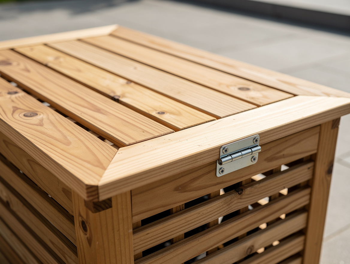 Close-up editorial photo of a hinged slatted bench lid over pool equipment, pres
