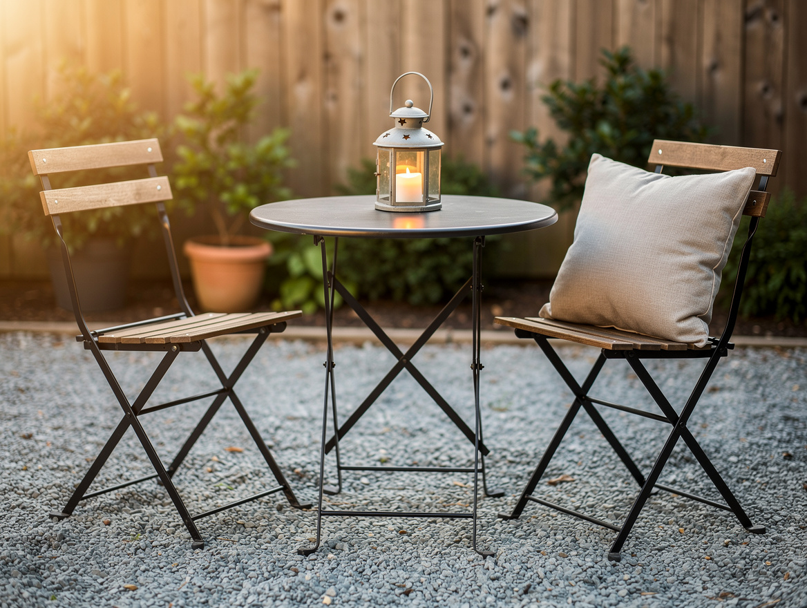 Close-up editorial photo of a budget backyard seating setup with gravel ground,