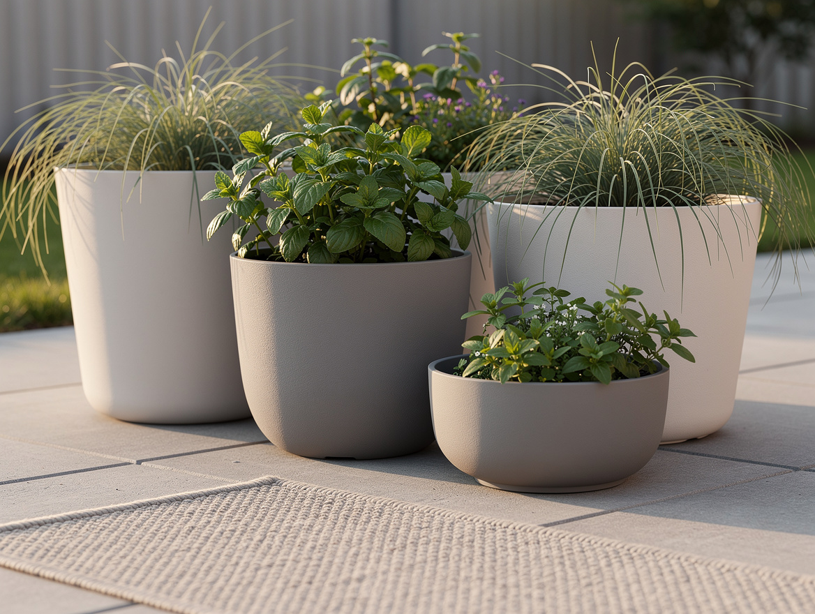 Close-up editorial photo of lightweight fiberglass planters in mixed sizes on a