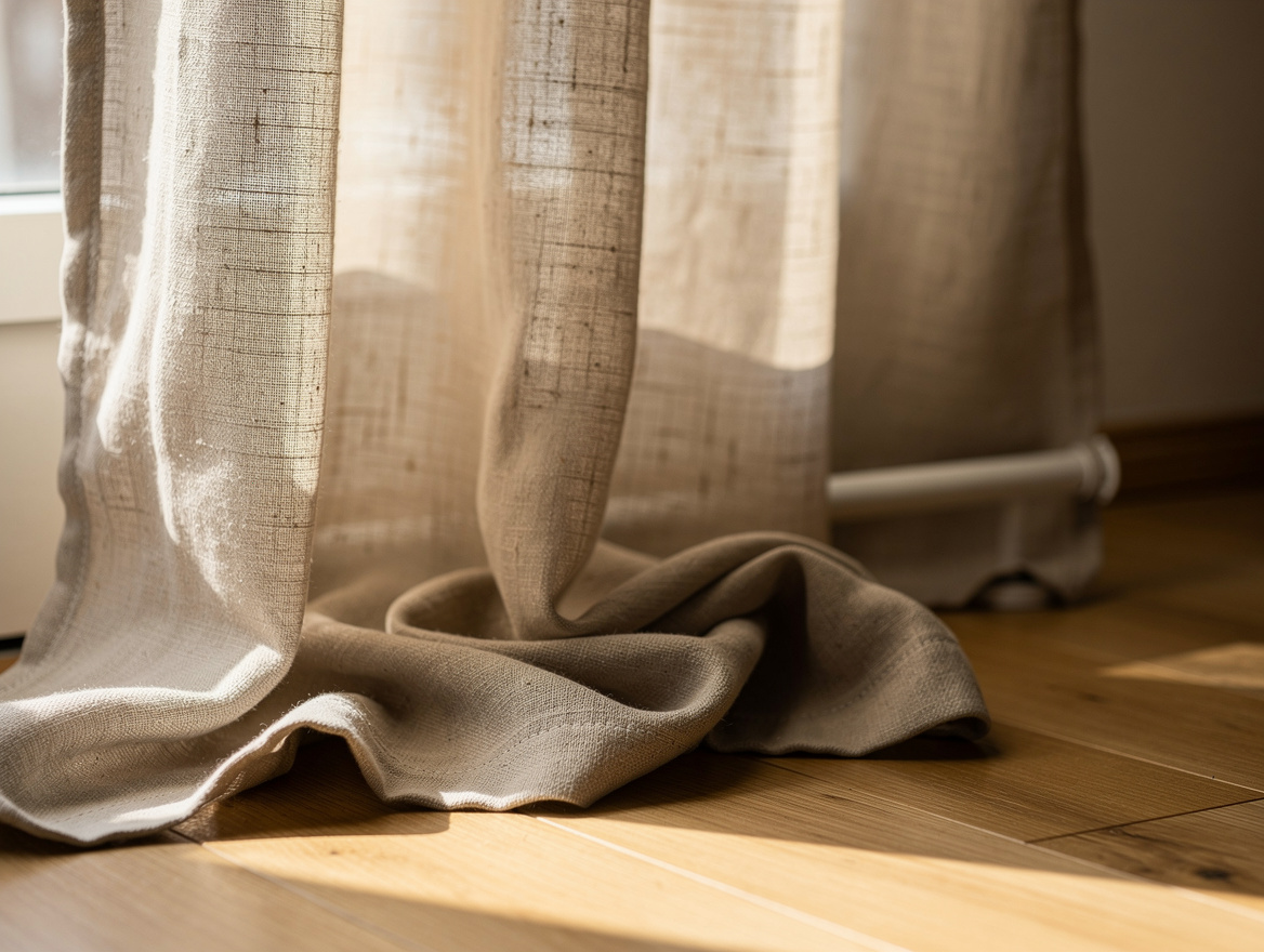 Close-up detail of puddled linen curtains hanging from a tension rod near the ce