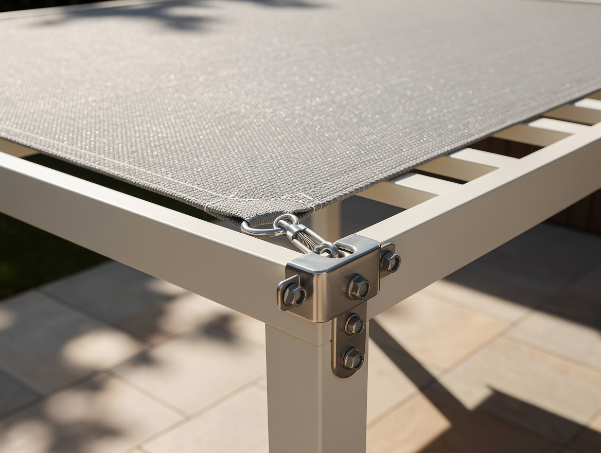 Close-up editorial photo of a breathable HDPE shade sail tensioned over a pale a