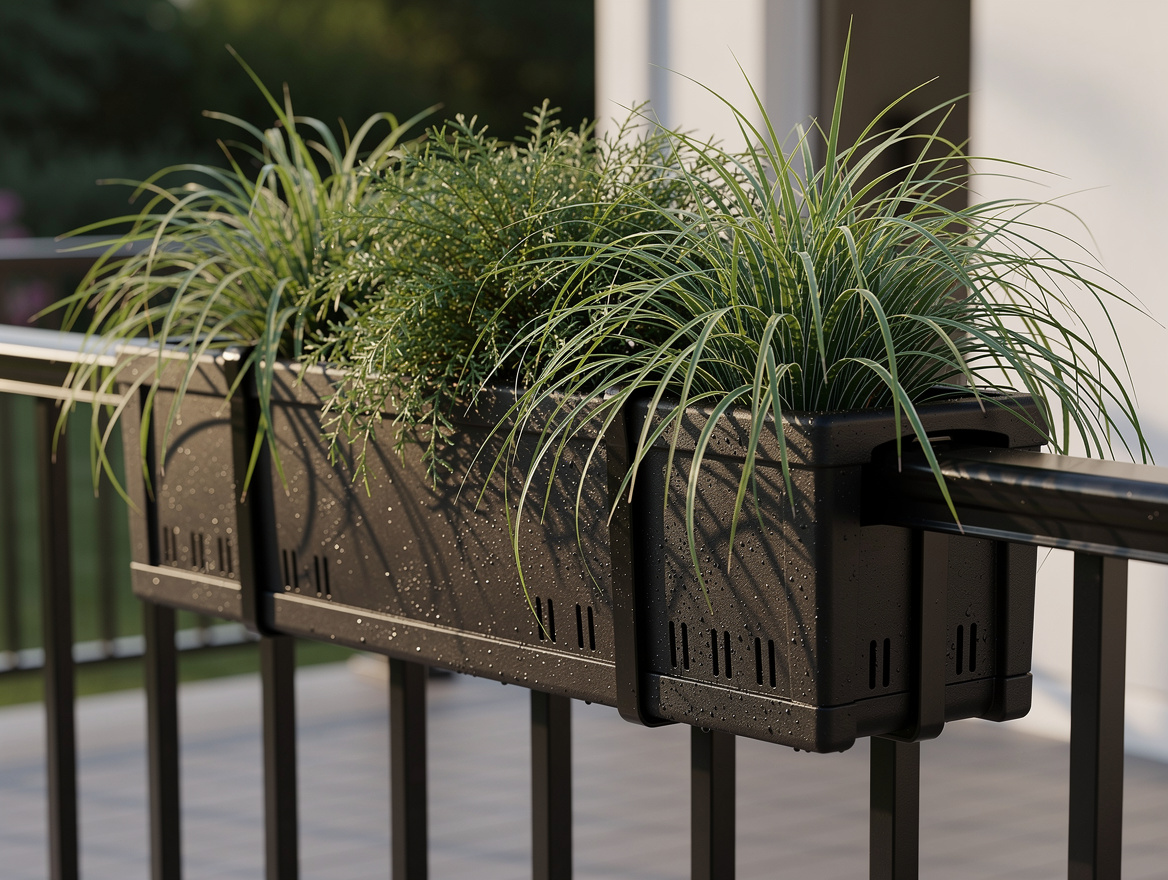 Close-up detail photo of deep resin deck railing planter boxes filled with dense