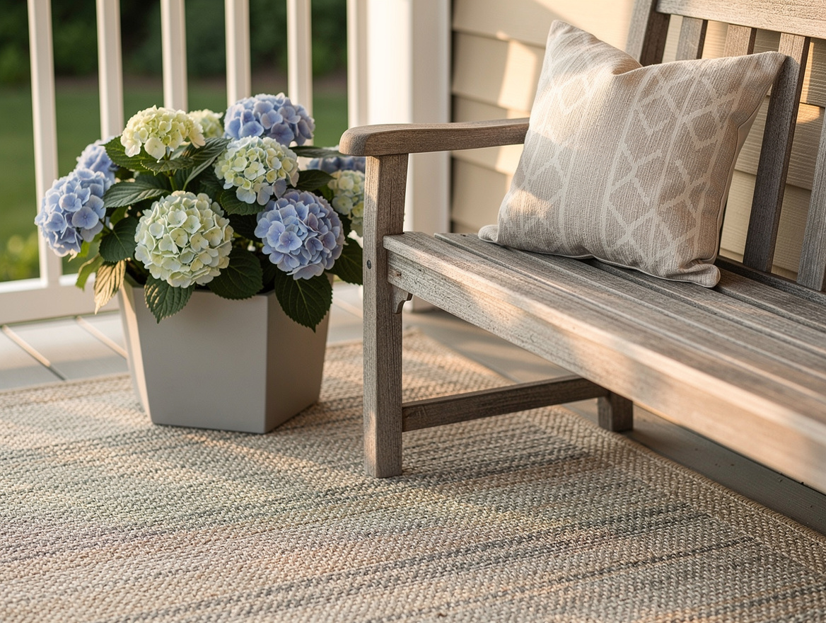 Close-up editorial photo of a front porch corner with an outdoor pillow on a ben