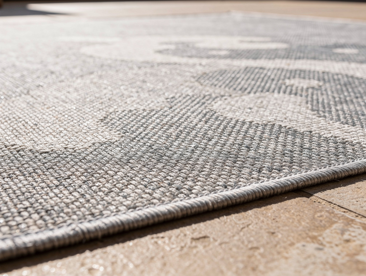 Close-up editorial photo of a light gray polypropylene flatweave outdoor rug on