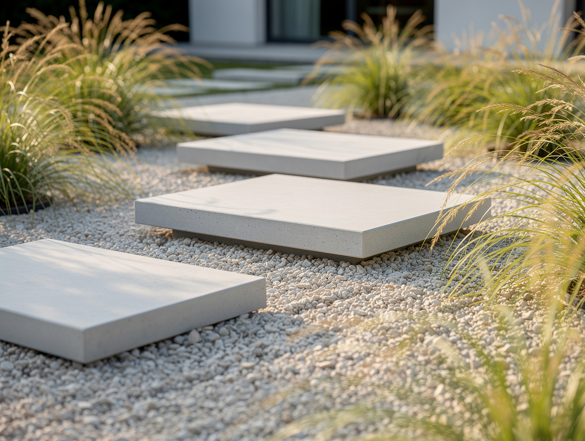 Close-up editorial photo of floating concrete stepping pads set in pea gravel wi