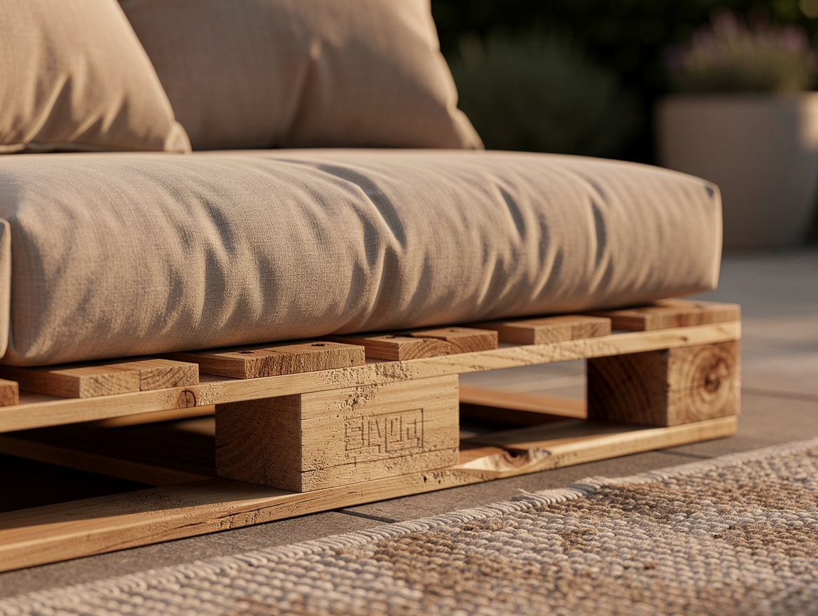 Close-up editorial detail of a low pallet patio bench with neutral outdoor cushi